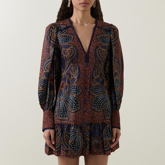 FARM RIO Floral Glam Mini Dress NWT Small Blue Paisley Boho Long Sleeve Deep V - Picture 11 of 11